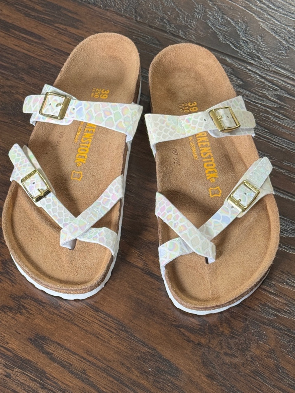 Birkenstock Iridescent White Multi-Print Sandals with Gold Buckles, Like New - Picture 2 of 14